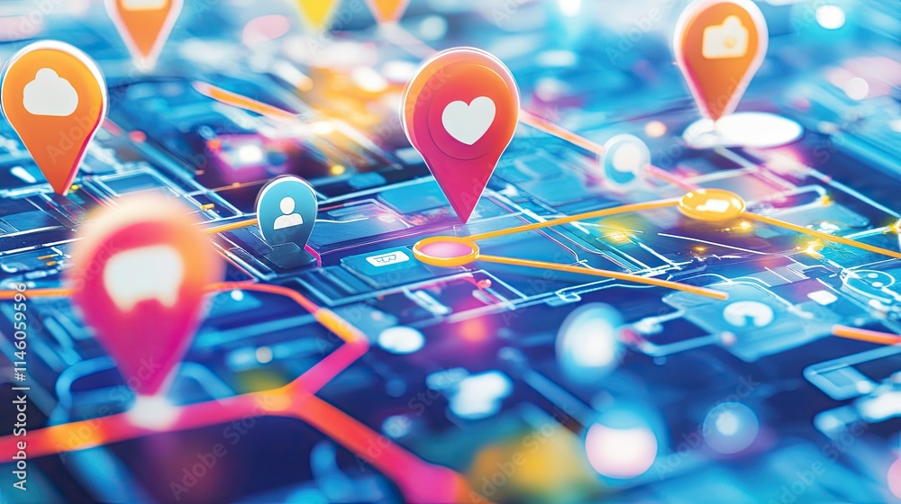 Vibrant Digital Map with Colorful Location Pins Representing Connections and Interactions in a Modern Technological Environment