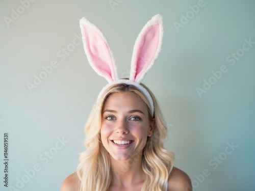 Wallpaper Mural Smiling blonde woman wearing bunny ears on easter day Torontodigital.ca