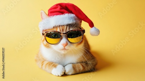 A playful cat wearing sunglasses and a Santa hat