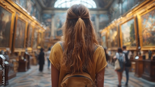 Young beautiful hispanic woman visiting art gallery at Albertina Museum in Vienna
