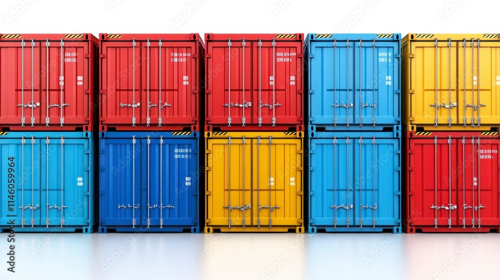 Fototapeta premium A vibrant arrangement of shipping containers in red, blue, and yellow, stacked neatly, showcasing industrial design and color contrast.