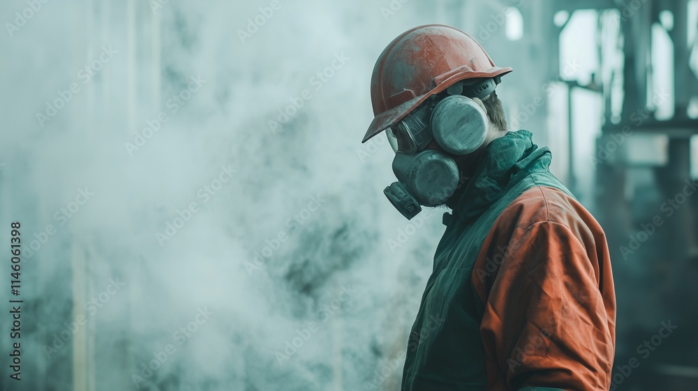 Industrial worker in protective gear handling asbestos, symbolizing safety and hazard management. Industrial worker in protective gear handling asbestos, symbolizing safety and hazard management.