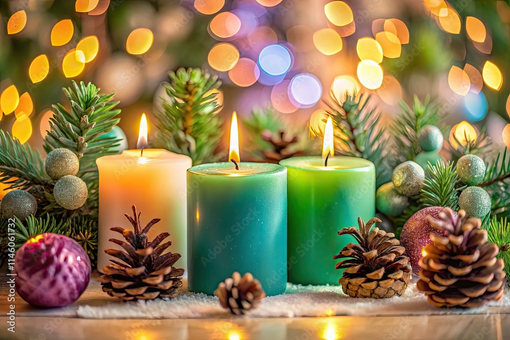 Festive pine cones and green boughs glow softly in pastel candlelight, a sweet Christmas tableau. Festive pine cones and green boughs glow softly in pastel candlelight, a sweet Christmas tableau.