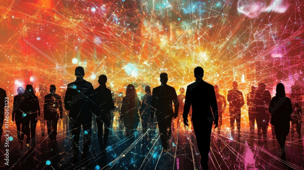 Silhouettes Walking Through A Networked Digital World Silhouettes Walking Through A Networked Digital World