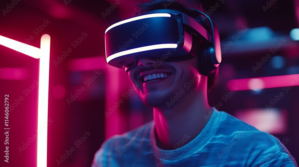 Smiling Man in VR Headset Enjoying Immersive Gaming Experience in Cinematic Home Studio