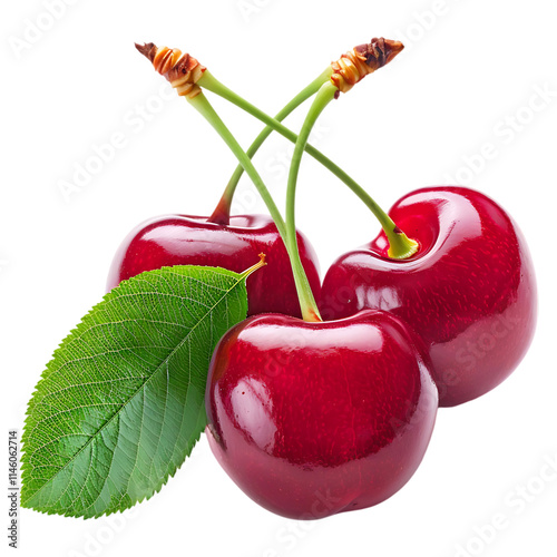 Fresh cherries with leaves on a transparent background. Ai generative photo