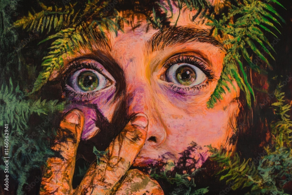 A person with a unique facial adornment featuring a plant or foliage A person with a unique facial adornment featuring a plant or foliage