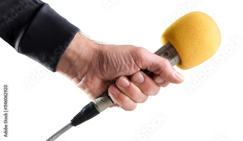 Hand holding metal handheld microphone with yellow foam windscreen isolated