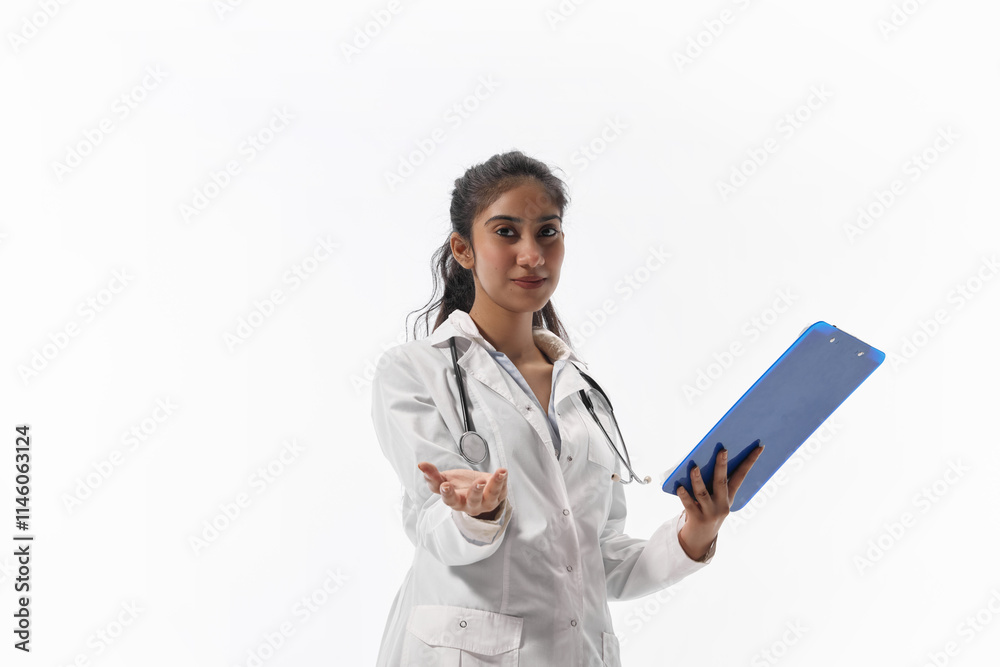 Young attractive Indian woman, dressed medical uniform and reaching hand to camera, showing support and care against white studio background. Concept of medicine, health care, work. Ad Young attractive Indian woman, dressed medical uniform and reaching hand to camera, showing support and care against white studio background. Concept of medicine, health care, work. Ad