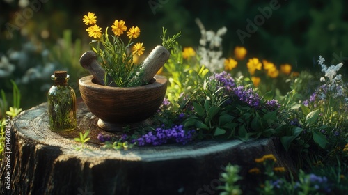 Medicinal herbs and extracts in the meadow. Selective focus.