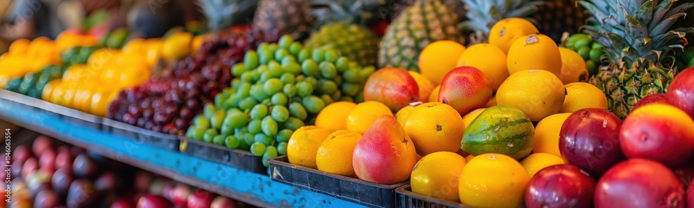 Many different fruits on display in a store, food background, banner Many different fruits on display in a store, food background, banner