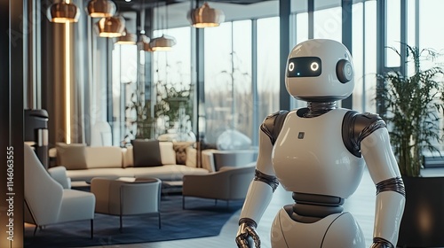 Modern robot stands in a spacious, bright lobby.