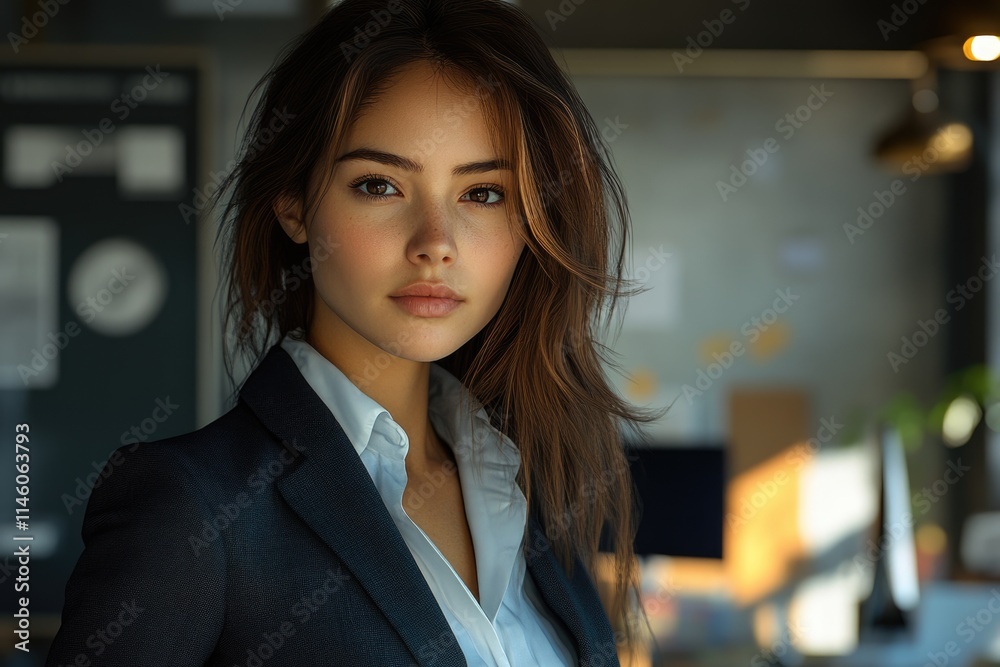 A young woman with brown hair and freckles, wearing a dark blazer and light shirt, stares directly at the camera. A young woman with brown hair and freckles, wearing a dark blazer and light shirt, stares directly at the camera.