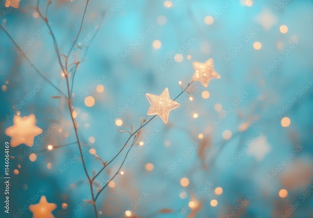 Fototapeta premium Enchanting Night Scene with Delicate Star Decorations and Dreamy Bokeh Effect in Soft Blue Backgrounds for Magical Holiday and Event Themes
