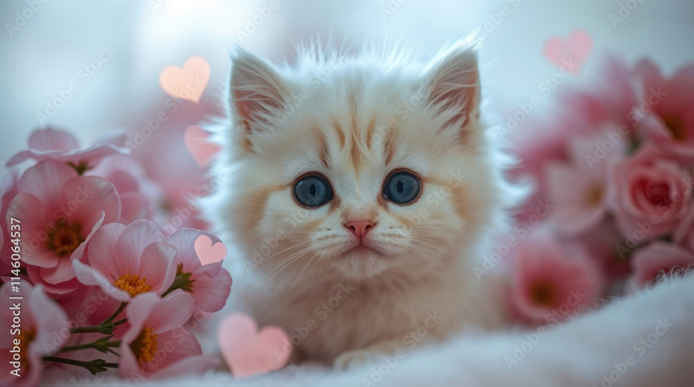 A fluffy white kitten with pink flowers A fluffy white kitten with pink flowers