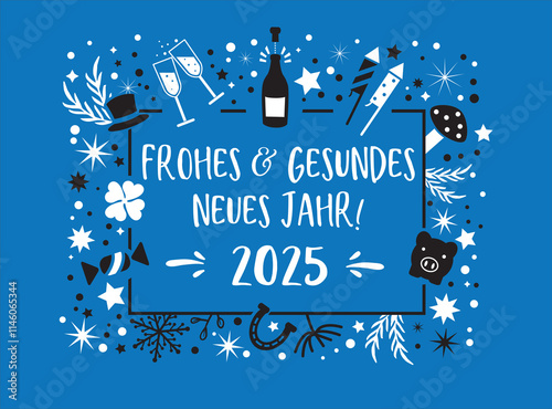 Neujahrskarte 2025 mit Glückssymbolen und deutschem Text