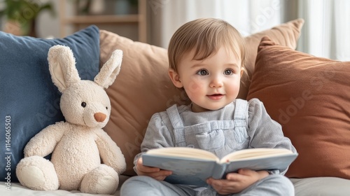 Curious Toddler Enjoys Story Time on Cozy Sofa, Surrounded by Pillows and Stuffed Toy