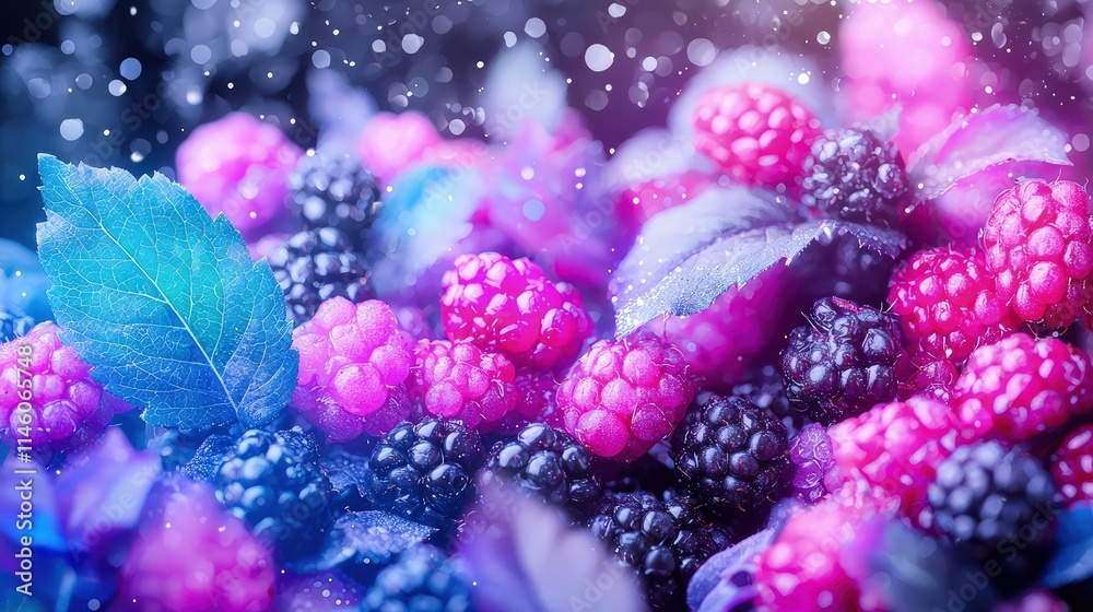 Vibrant pink and blue blackberries and raspberries with leaves. Vibrant pink and blue blackberries and raspberries with leaves.