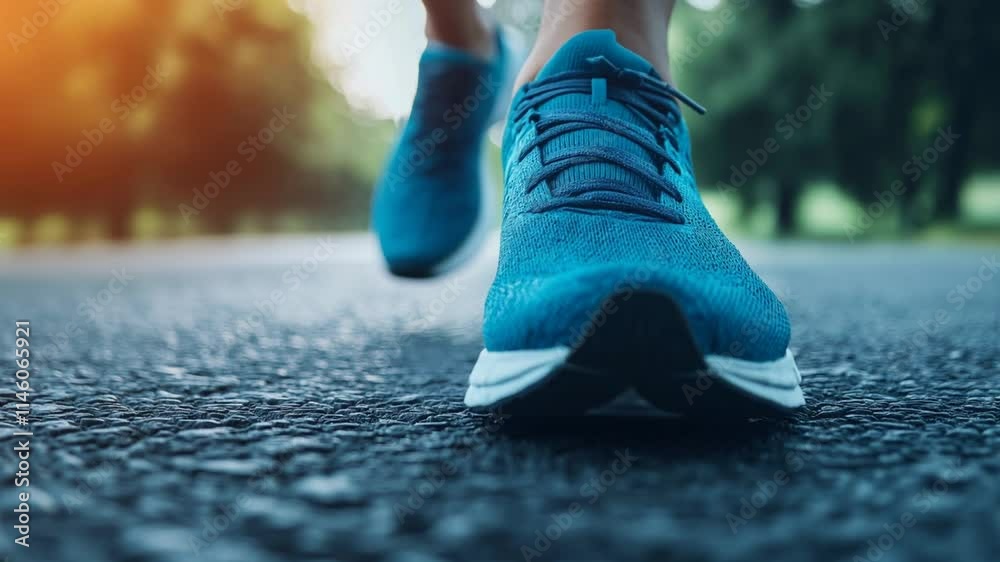 Enjoy a close-up of athletic shoes hitting the pavement during a morning jog. The sun rises, casting a warm glow over a tranquil path lined with greenery