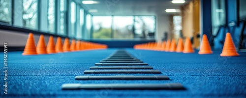 Indoor Gym Setup, Orange Cones on Blue Carpet,  Fitness Facility