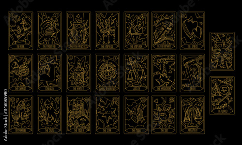 deck of Tarot cards, a golden outline on dark. Part of the set of senior arcana. Handmade vector with engraving. Occult, alchemical symbolism. Fool, magician, high priestess, Empress, Emperor, lovers