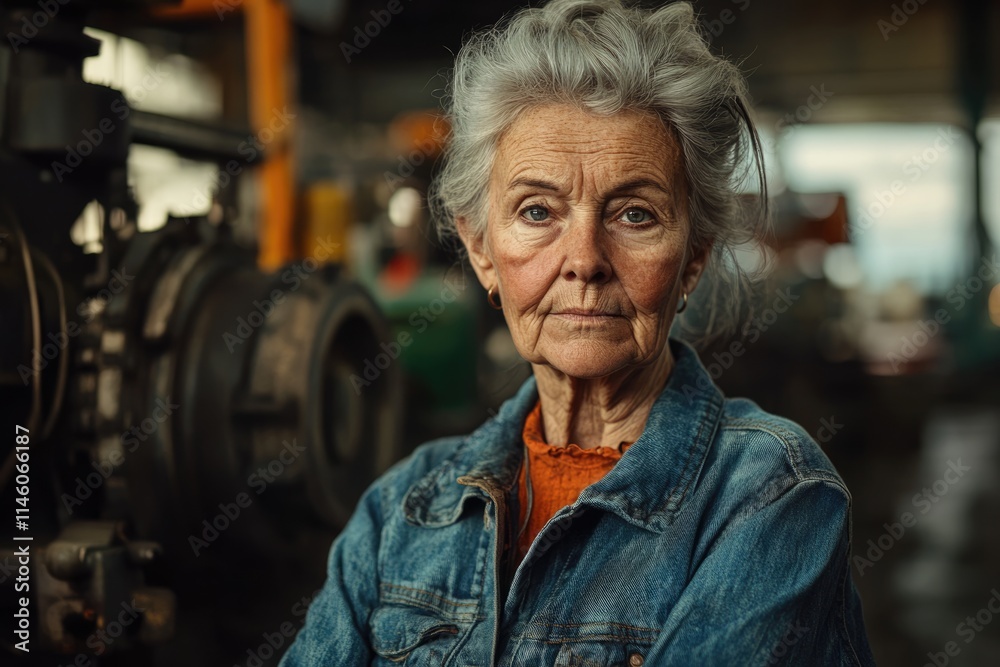 A portrait of a senior woman with gray hair, wearing a denim jacket, in a workshop setting.