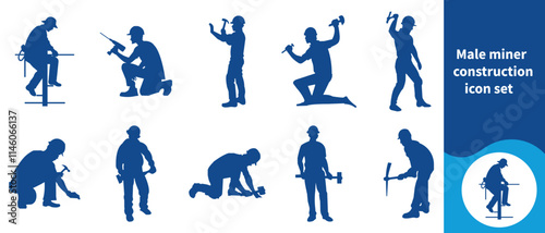 Male mining construction icon set, build, person, service, safe, silhouette, elevator, job, object, religious, boss, profession, woman, queen, architect, baby, blonde, housekeeper, labor and more.