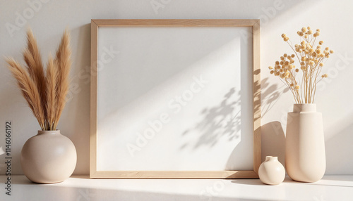 Wooden picture frame with vases and dried plants in sunlight.