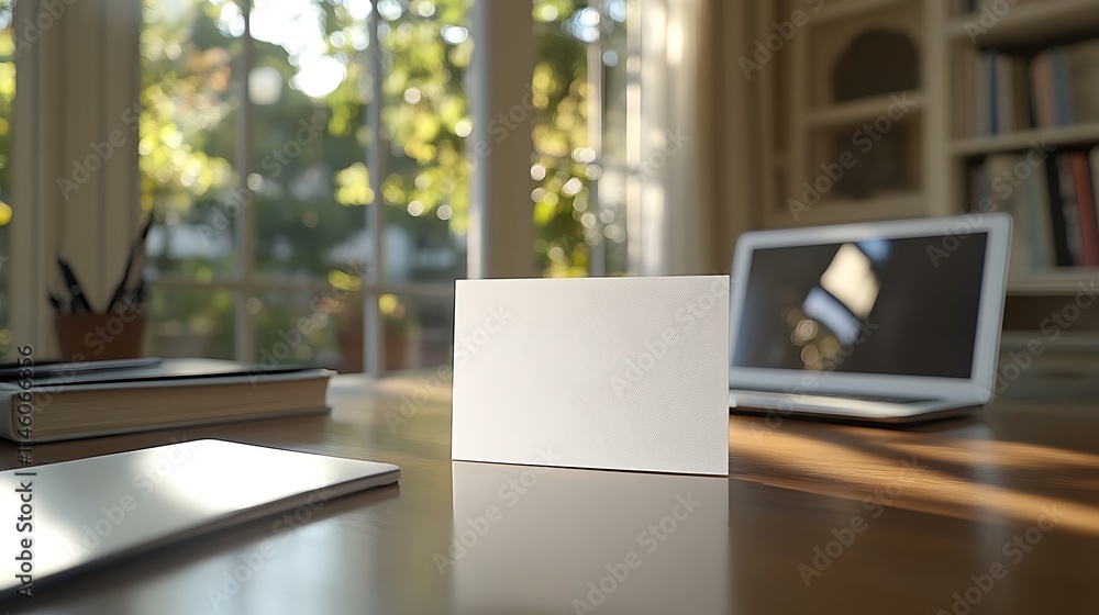 Fototapeta premium Blank card sits on a desk near a laptop