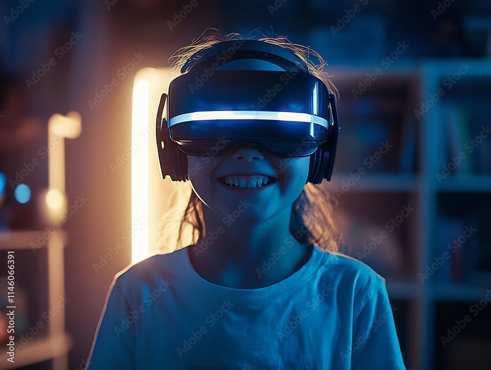 Smiling Child Model Wearing VR Headset in Glowing Gaming Room with Clear Space Smiling Child Model Wearing VR Headset in Glowing Gaming Room with Clear Space