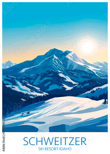 Schweitzer Mountain Ski Resort Poster Illustration Travel Print Decor Gift Paper Canvas Wall Retro Art photo