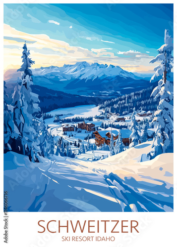 Schweitzer Mountain Ski Resort Poster Illustration Travel Print Decor Gift Paper Canvas Wall Retro Art photo