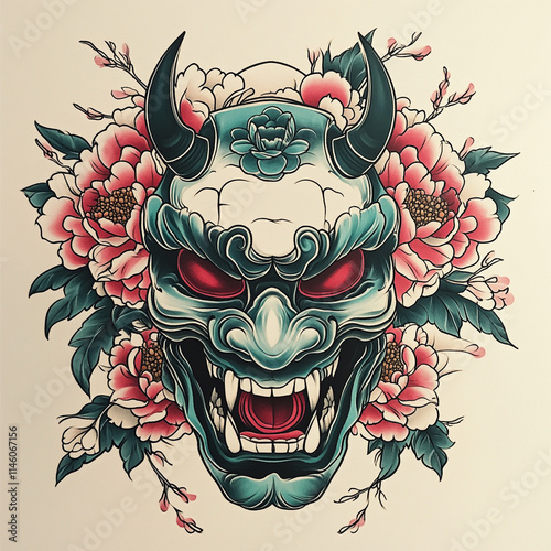 Oni Full Mask tattoo flash illustration