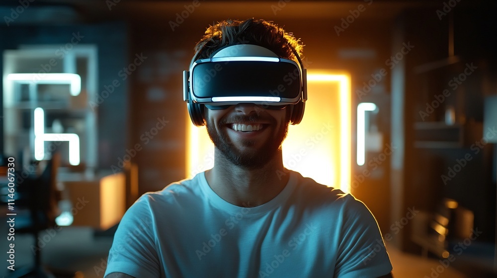 Smiling Man Wearing Virtual Reality Headset in Glowing Gaming Room with Cinematic Style Smiling Man Wearing Virtual Reality Headset in Glowing Gaming Room with Cinematic Style