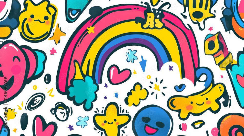 Colorful illustration featuring playful doodles including a rainbow, smiley faces, and quirky characters in vibrant hues Colorful illustration featuring playful doodles including a rainbow, smiley faces, and quirky characters in vibrant hues