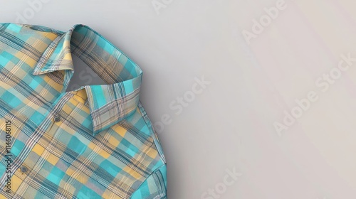 A close-up view of a colorful plaid shirt laid flat on a light background.