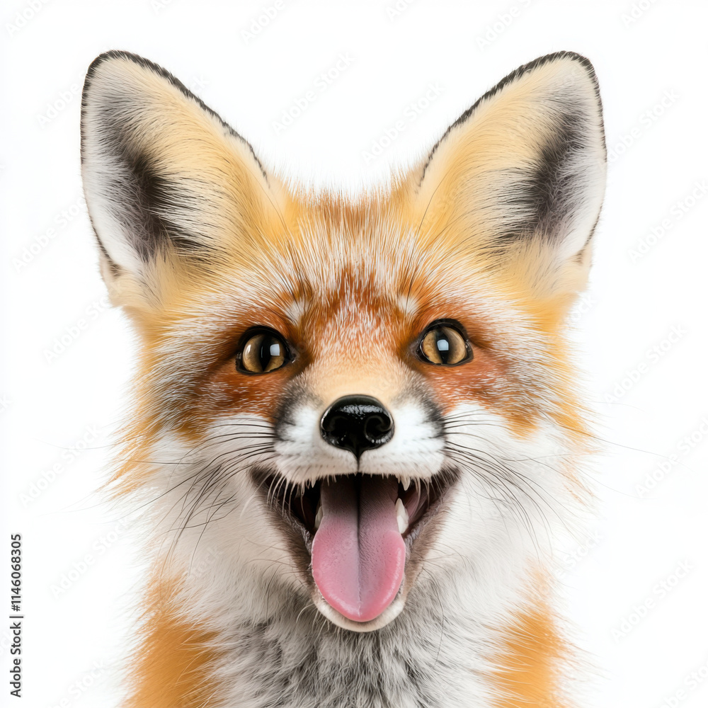 Fototapeta premium curious fox with detailed fur, smiling joyfully against white background