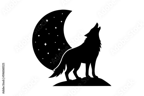 A wolf howling at the moon flat vector art silhouette illustration on white background 04