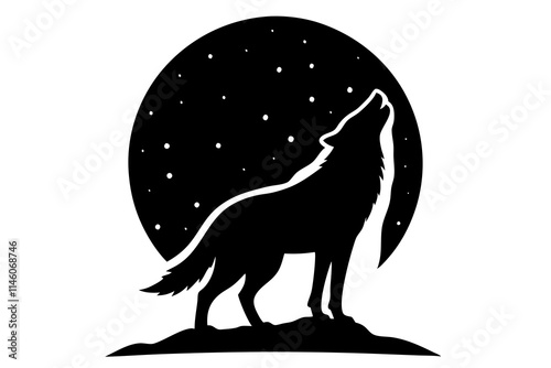 A wolf howling at the moon silhouette illustration on white background