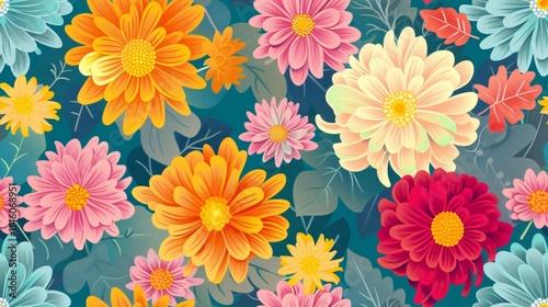 Seamless floral pattern. Against a teal backdrop sprinkled with leaves, a lively collection of pink, orange, yellow, and white flowers is displayed.