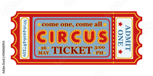 Vintage Circus Ticket Illustration. A festive circus or fair ticket template with decorative elements and text. Retro event and entertainment design.