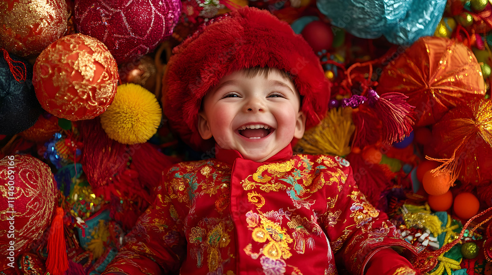 A joyful young boy nestled amongst vibrant Chinese New Year decorations, radiating happiness and the spirit of the Lunar New Year. A joyful young boy nestled amongst vibrant Chinese New Year decorations, radiating happiness and the spirit of the Lunar New Year.