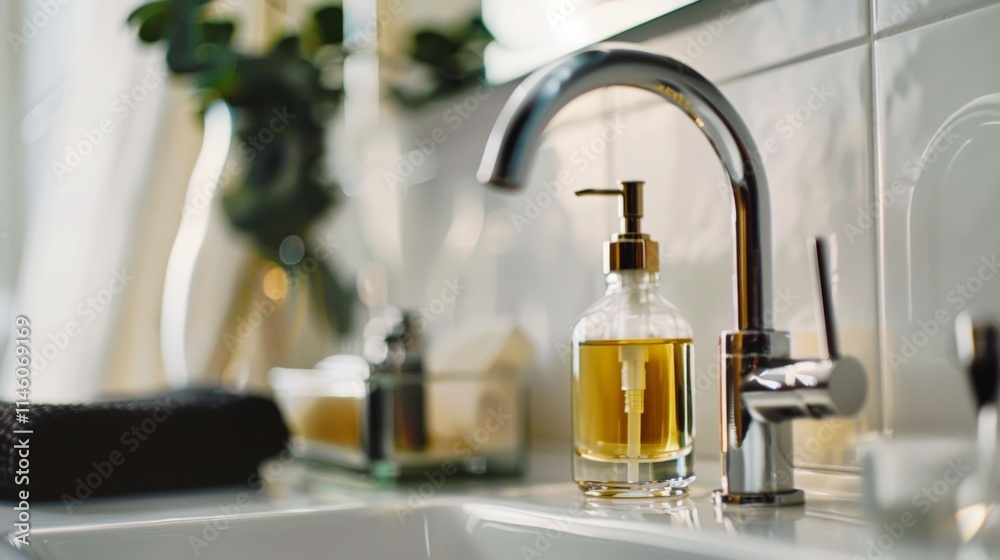 Kitchen sink with modern faucet and soap dispenser