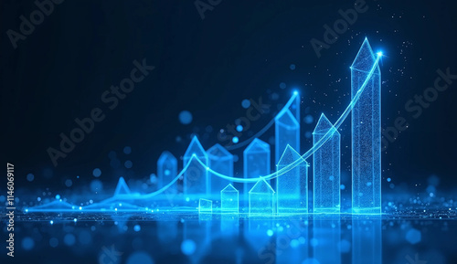 Abstract image of a growth chart in glowing blue. Low polygon, particle, and triangle style design.Wireframe light connection structure. Vector wireframe concept. photo