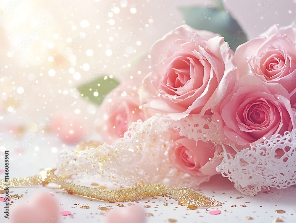 Fototapeta premium Elegant Pink Roses with Lace Ribbons and Gold Confetti Decor Arrangement