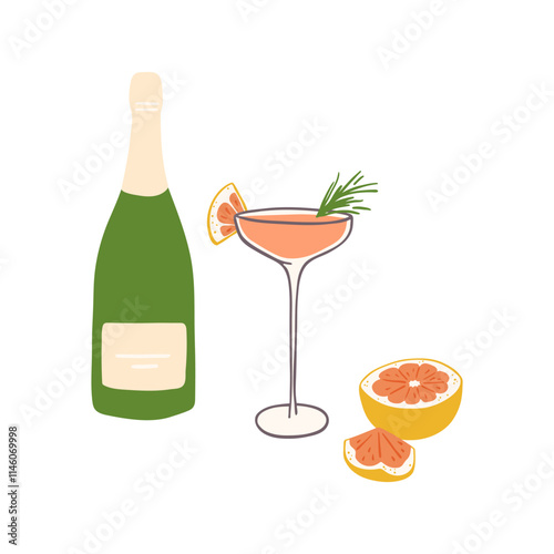 Hand drawn mimosa cocktail and ingredients composition. Bottle of champagne and grapefruit. Design for bar menu, New Year party, stickers or alcohol cook book recipe