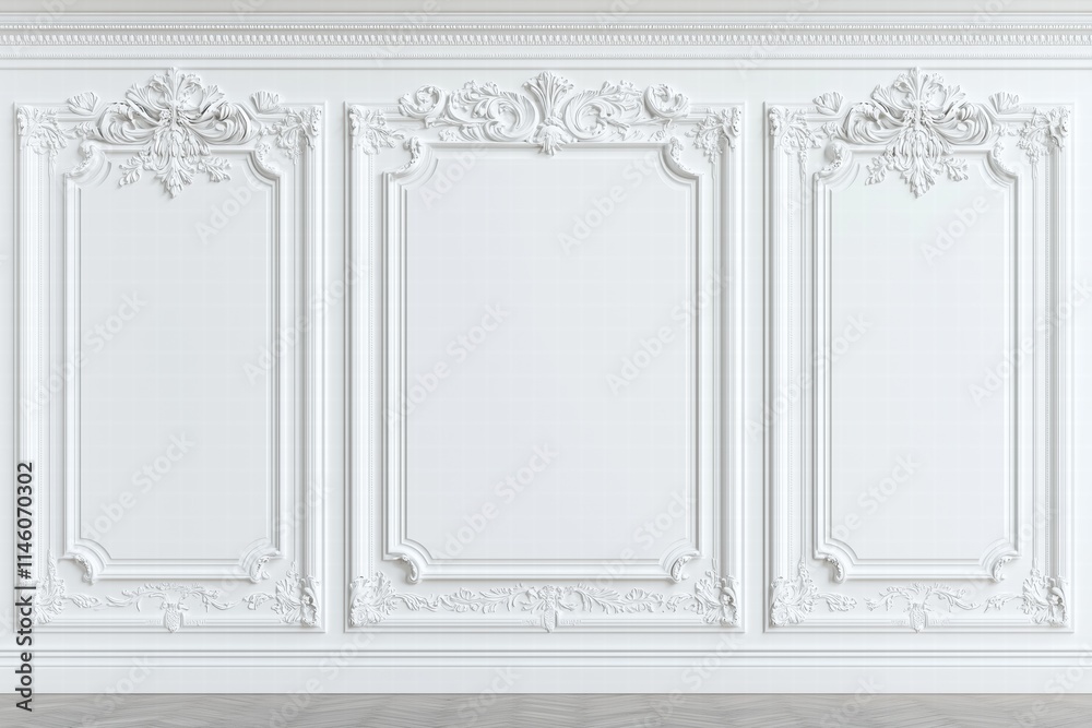 A classic interior wall featuring ornate white plaster moldings and decorative panels. The design showcases intricate details and a smooth finish, creating an elegant and timeless aesthetic. A classic interior wall featuring ornate white plaster moldings and decorative panels. The design showcases intricate details and a smooth finish, creating an elegant and timeless aesthetic.