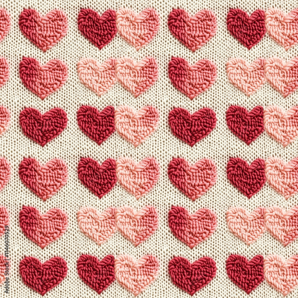 Knitted Hearts Seamless Pattern: An intricate and charming seamless pattern featuring an array of pink and red knitted hearts, perfect for adding a touch of warmth and love to your designs. Knitted Hearts Seamless Pattern: An intricate and charming seamless pattern featuring an array of pink and red knitted hearts, perfect for adding a touch of warmth and love to your designs.