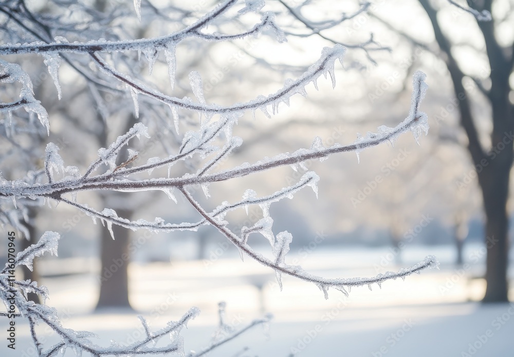 Frost-Covered Branches Against a Soft Winter Background, Sparkling Ice Crystals Glinting in the Gentle Morning Light of a Serene Snowy Landscape Frost-Covered Branches Against a Soft Winter Background, Sparkling Ice Crystals Glinting in the Gentle Morning Light of a Serene Snowy Landscape