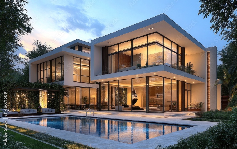 Luxury Modern House with Pool at Dusk Luxury Modern House with Pool at Dusk